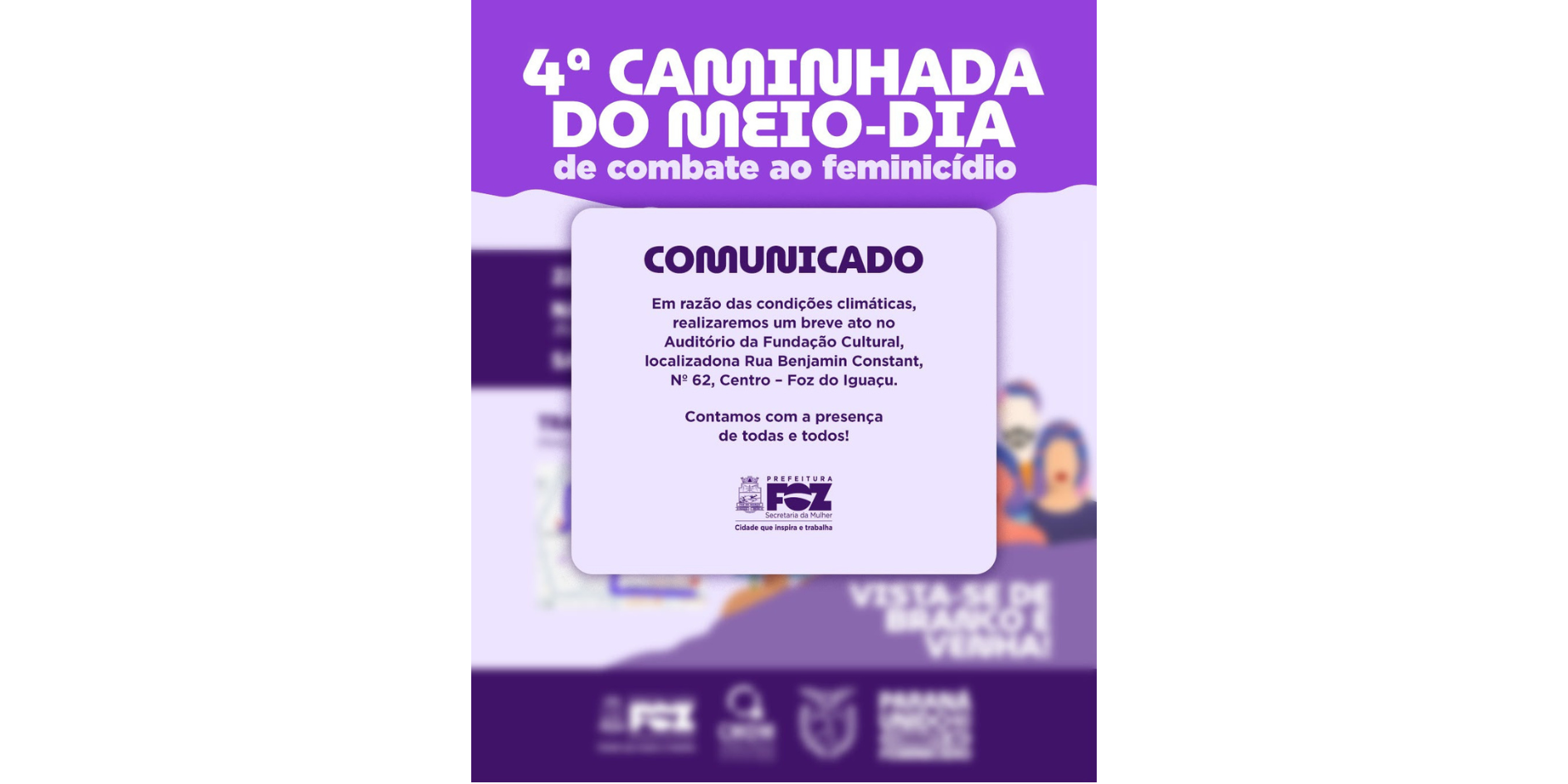 Ato da Caminhada do Meio-Dia de Combate ao Feminicídio será realizado na Fundação Cultural